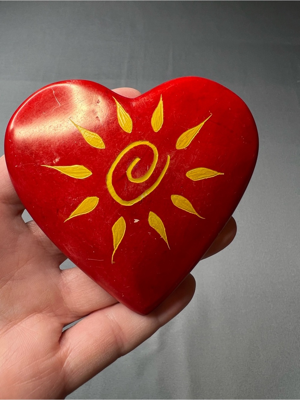 Hand-Carved Kenyan Soapstone Heart Paperweight Red Sunburst Swahili Imports